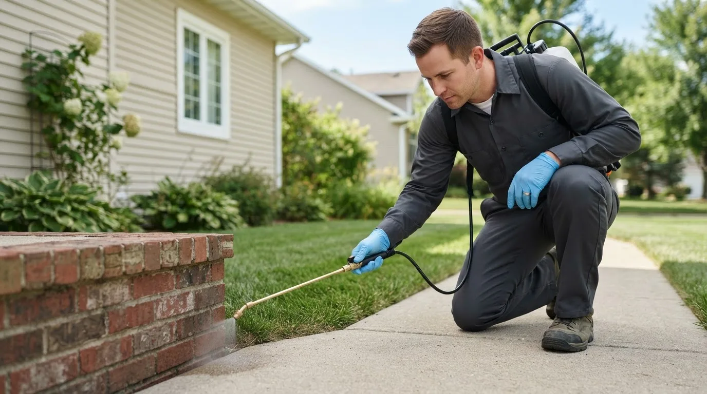 Pest control technician treating a home near Ridgeway, MO